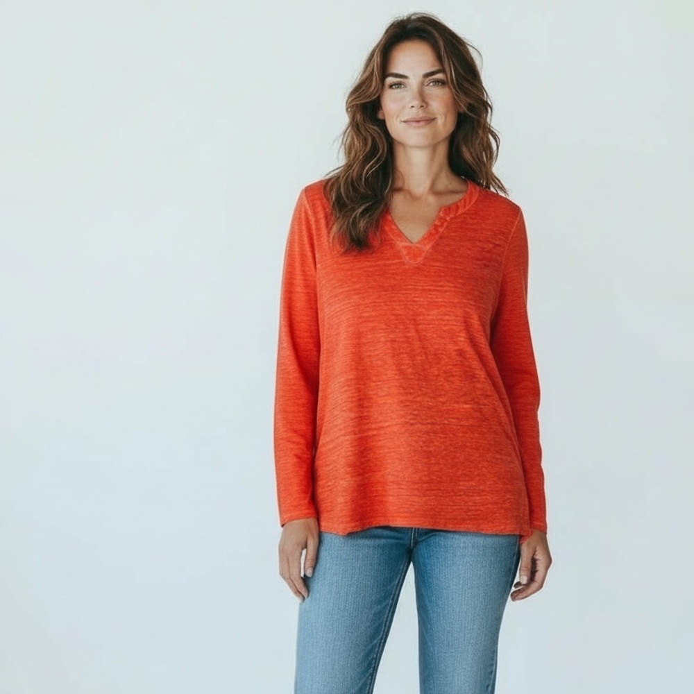 NWT New Chico's Linen Split-Neck Long Sleeve Red Tunic Size 2 US L